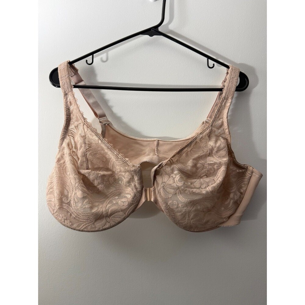 Glamorise Bra Nude Beige 46C Plus Women's Front Hook Clasp Underwire Lace